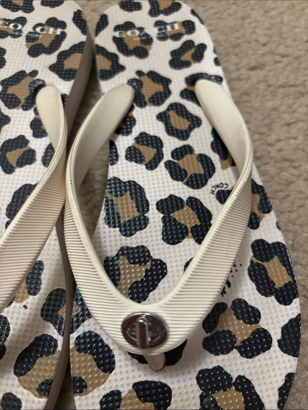 Coach Leopard-Print Flip Flops with Cream Straps